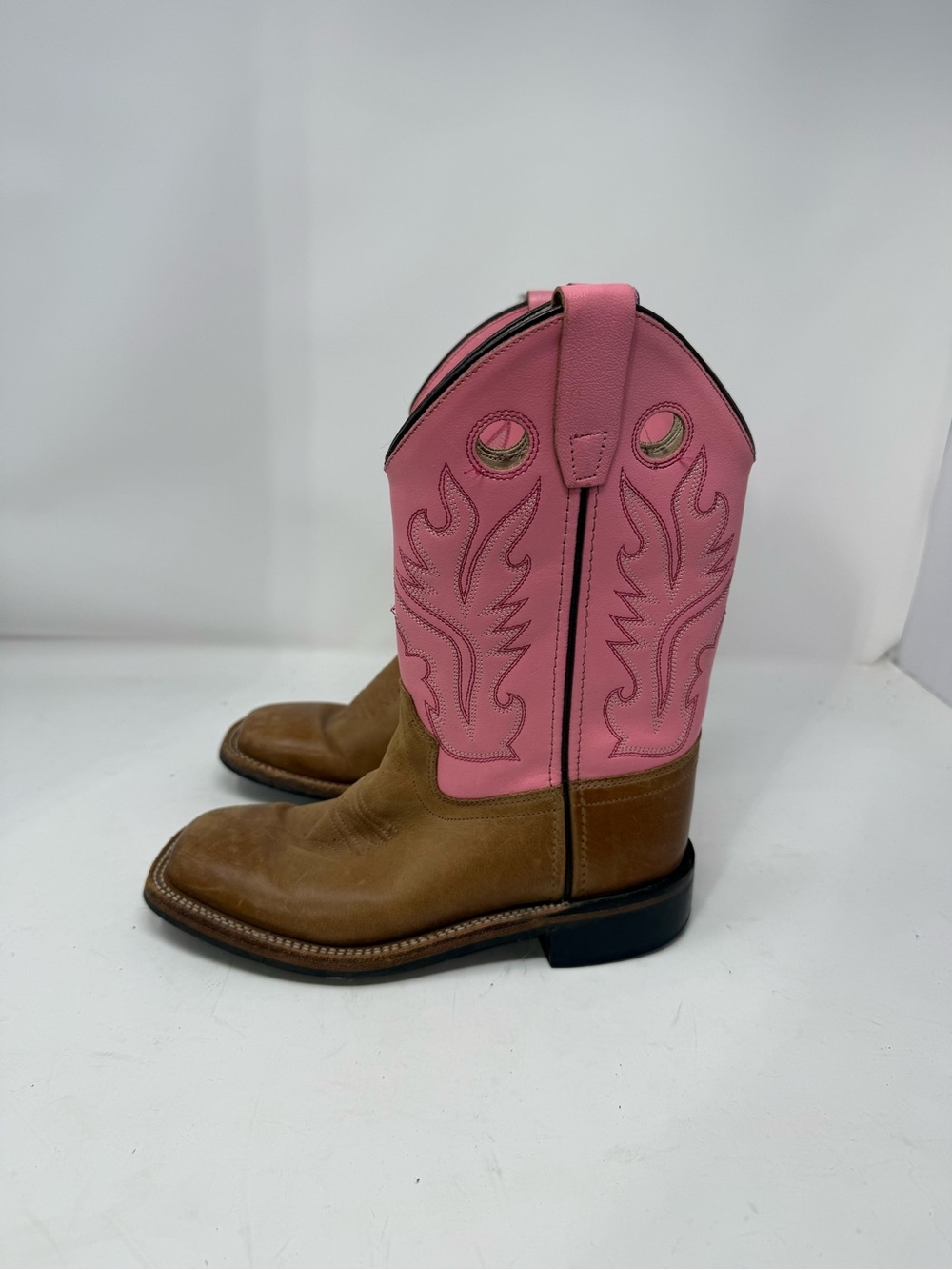 Old West Kids Two-Tone Brown and Pink Western Boots Sz 2 (PLNXTO)